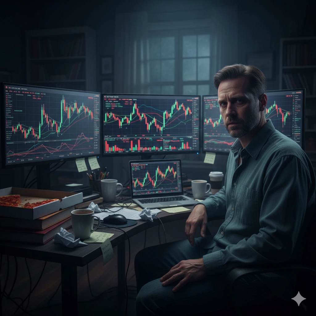 Stressed trader working late at night on forex charts
