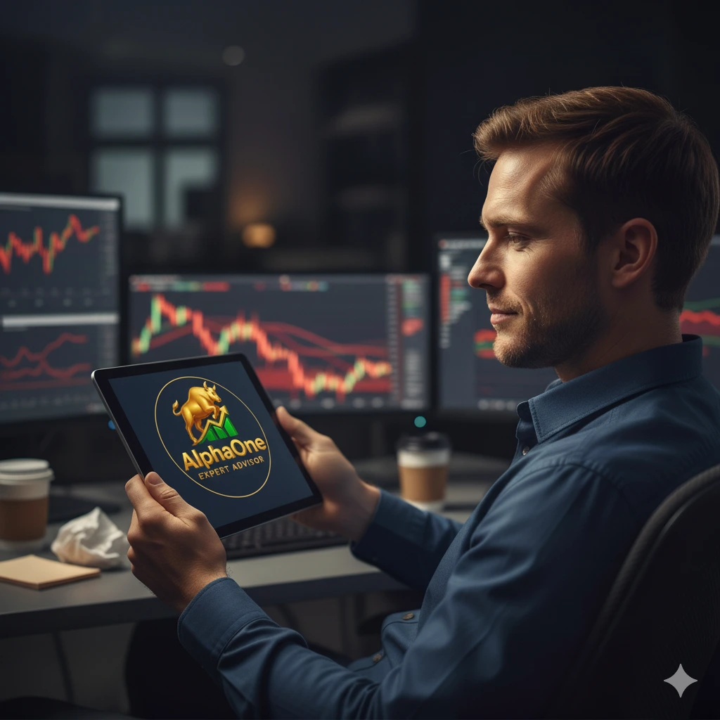 Trader discovering AlphaOne EA automated trading solution on a tablet