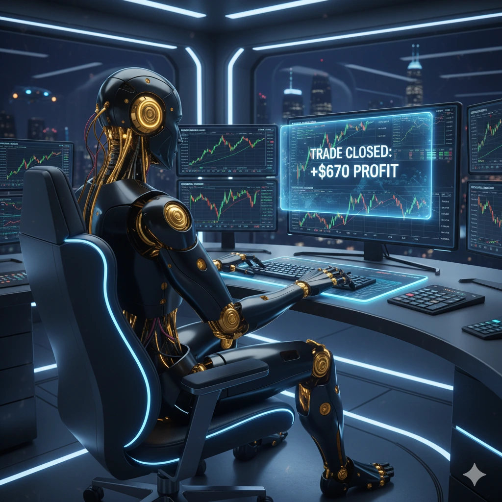 Advanced AI robot representing AlphaOne EA executing trades