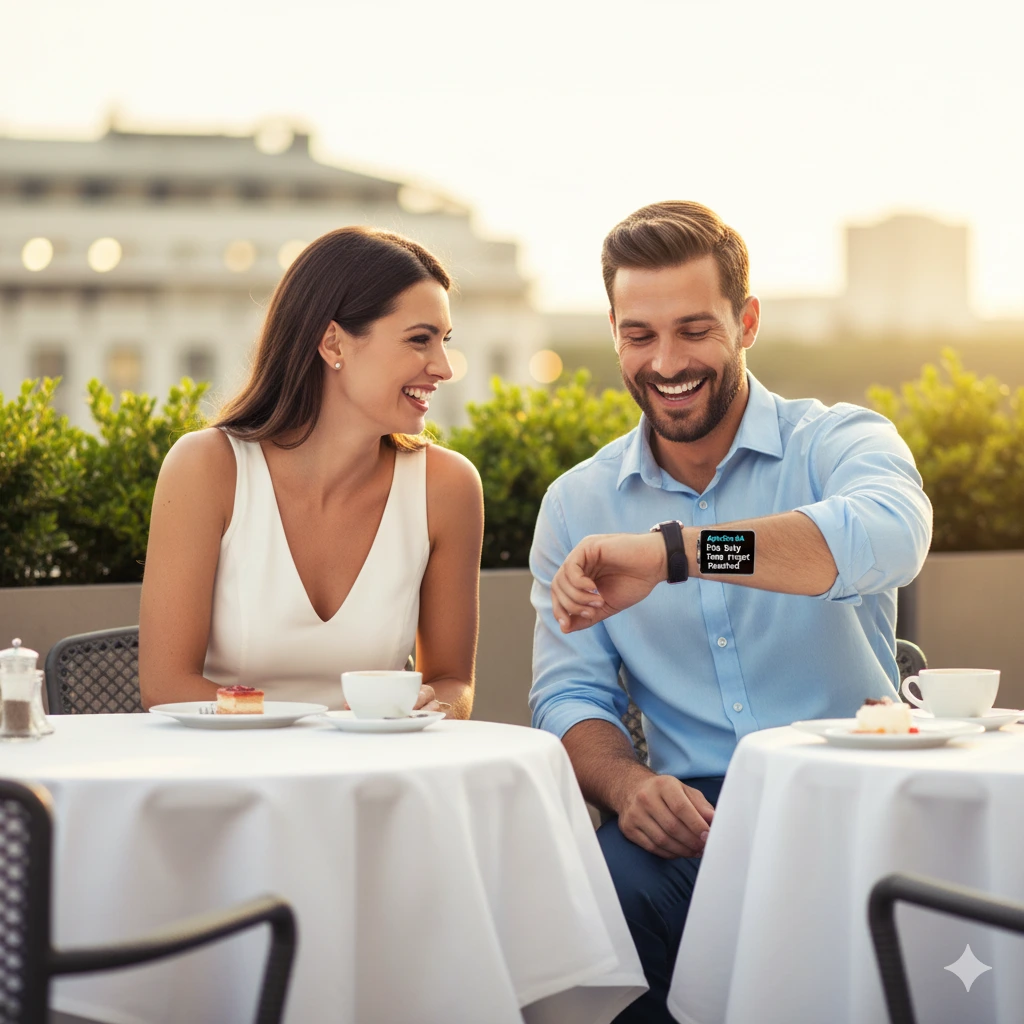 Trader enjoying life and financial freedom with his partner at a cafe