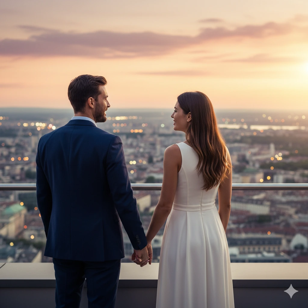 Couple looking over a city skyline, symbolizing a bright future and success